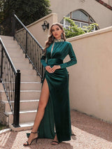 Women's Korean Velvet High Neck Sexy Evening Dress-Green-4