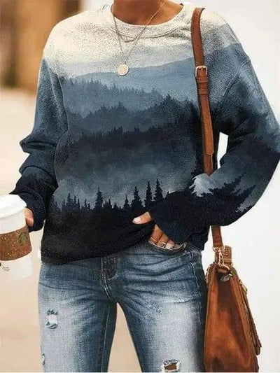 Women's Landscape Floral Print Long Sleeve Pullover-10