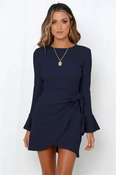 Women's Long Sleeve Dress Ruffle Flared Sleeve Bowknot-Navy blue-6