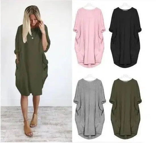 Women's Loose Casual Pocket Long Sleeve Dress-1