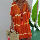 Women's Loose V Neck Striped Tie Dye Print Short Sleeve-Orange-5