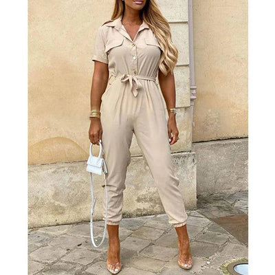 Women's Monochromatic Belt Workwear Jumpsuit, Casual Pants,-xingse-16