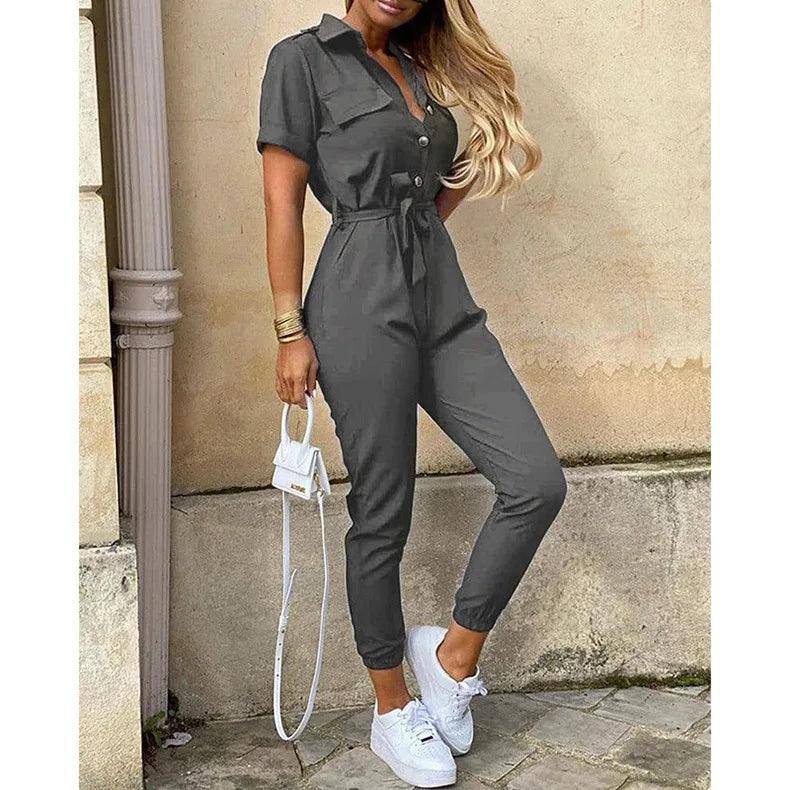 Women's Monochromatic Belt Workwear Jumpsuit, Casual Pants,-17