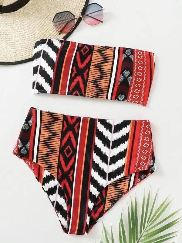 Women's Printed Bikini Split Tie High Waist Swimsuit-BlackRed-6