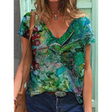 Women's Printed Short-sleeved T-shirt V-neck Loose Top-Style 2-3