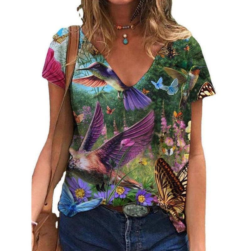 Women's Printed Short-sleeved T-shirt V-neck Loose Top-6