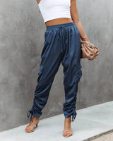 Women's Satin Jogger Pants Casual High Waist Long Lounge-Blue-1