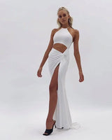 Women's Fashion Halter Neck Cutout Lace-Up Long Skirt-White-11