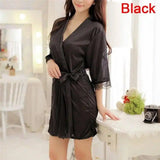 Women's Lingerie Set Ice Silk Robe with Bathrobe-Black-6