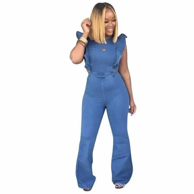 women's sling denim jumpsuit-Blue-12