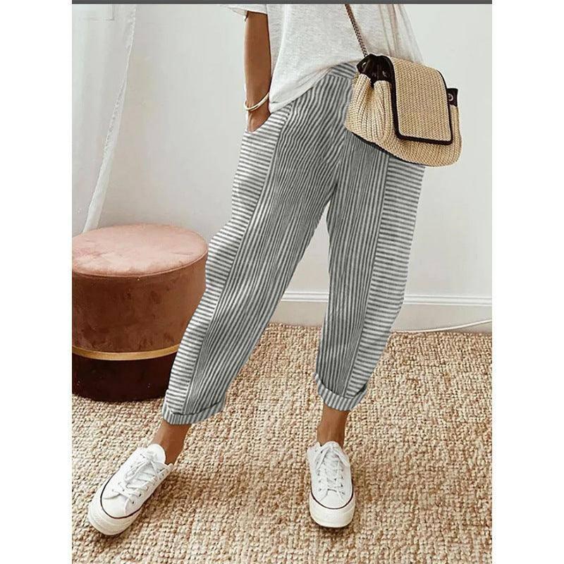 Women's Striped Print Trousers Summer Fashion Casual Loose Light Green / 3XL-Light Gray-5