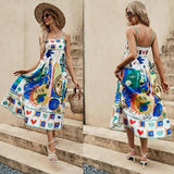 Women's suspender graffiti print sleeveless large hem dress-6