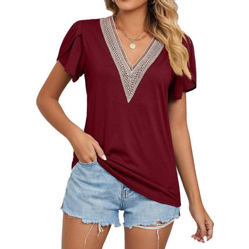 Women's Temperament Fashion Lace V-neck Short-sleeved Tops-Wine Red-2