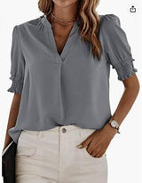 Women's V-neck Casual Short-sleeved Solid Color Chiffon-3