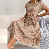 Women Spring Summer Short Sleeve High Waist Chic Dress-Beige-14