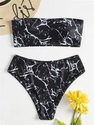 Women Wrapped Marble Printed Swimsuit Bikini Split-Black-2