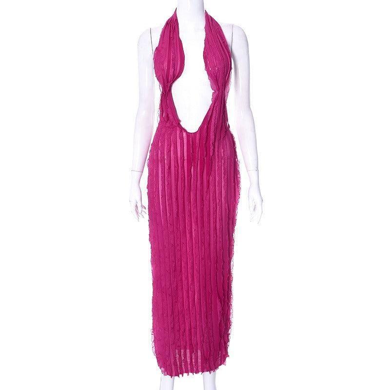 Xia Niu Venetian Wave Pattern Breast Wrapped Dress-rose Red-7