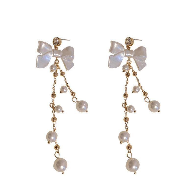 Zircon Pearl Bowknot Tassel Earrings Super Fairy Lady-2