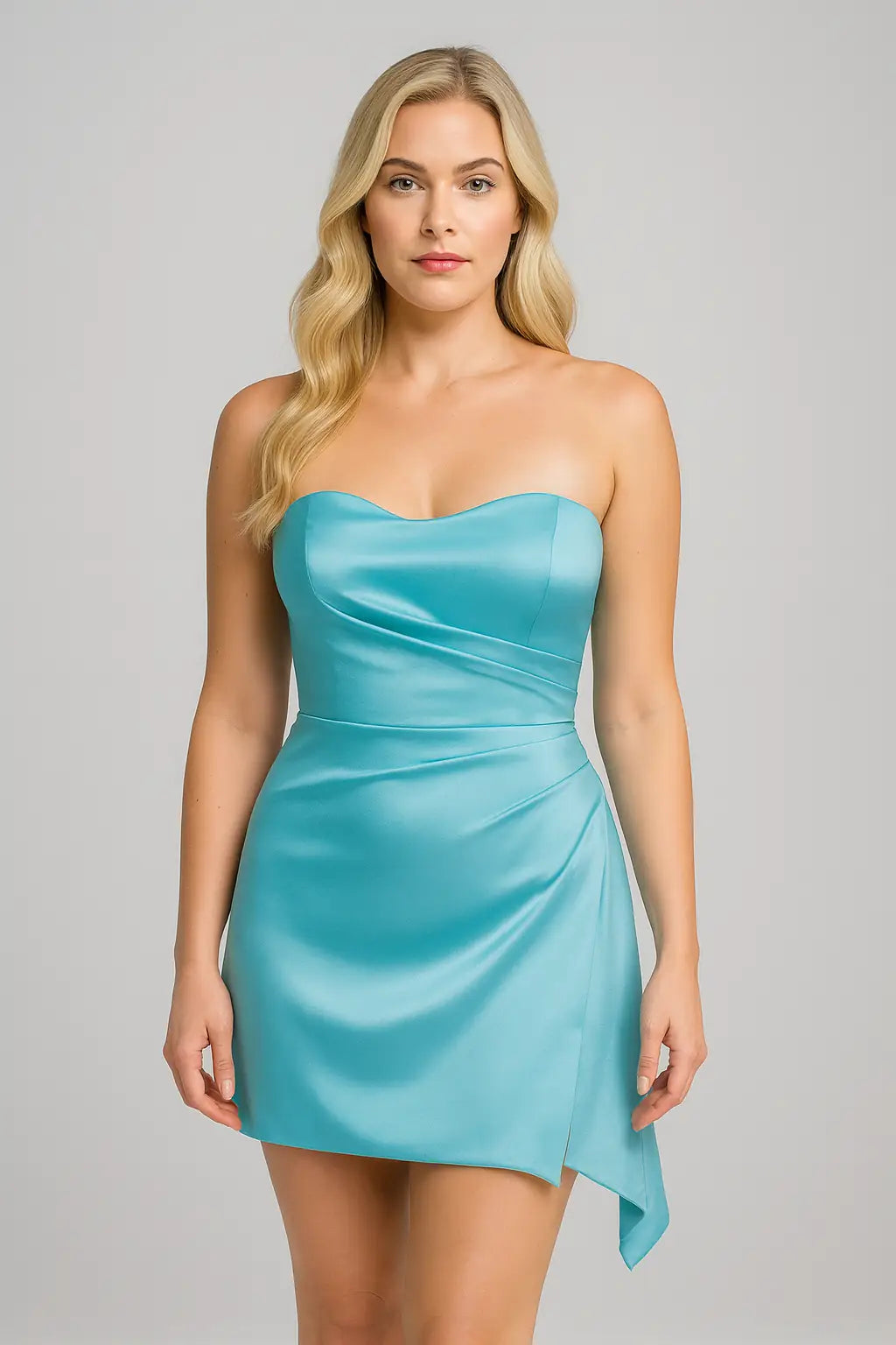 Aqua Satin Strapless Mini Dress
