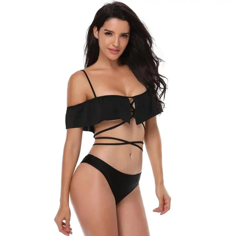 Ruffled bikini-Black-2