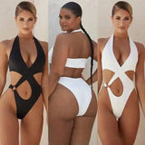 One-Piece Swimsuit Women's Solid Color Cross Hollow-1