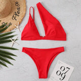 Solid Color One Shoulder Bikini-Red-3