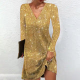 Silver sequin mini dress for women with long sleeves and deep V-neck — party outfit