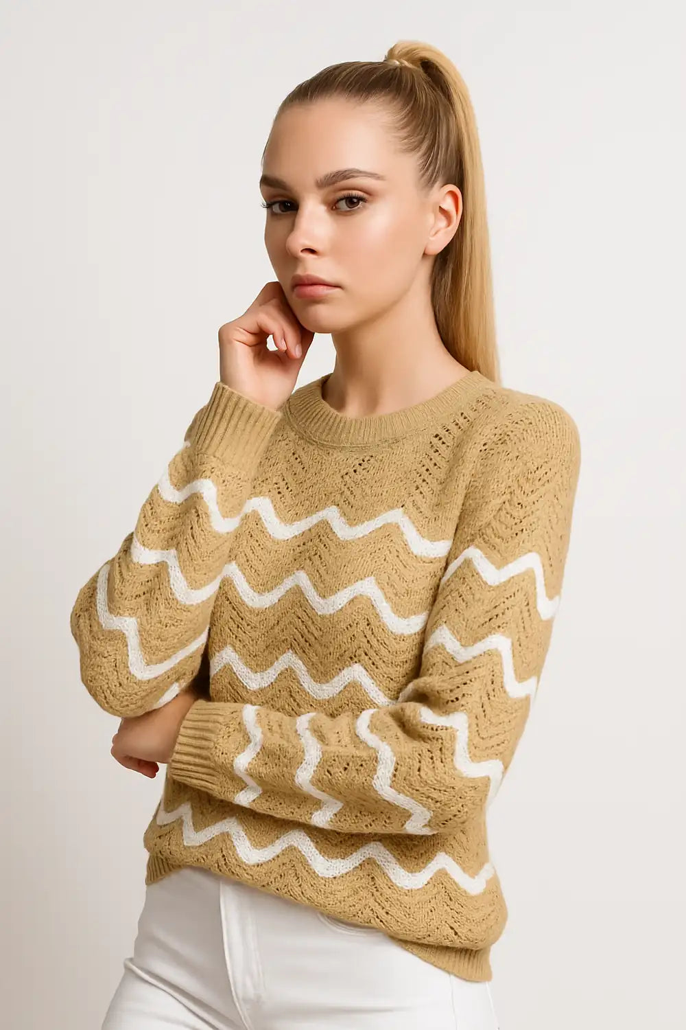 Black and mustard wave pattern knit sweater for women - trendy casual pullover
