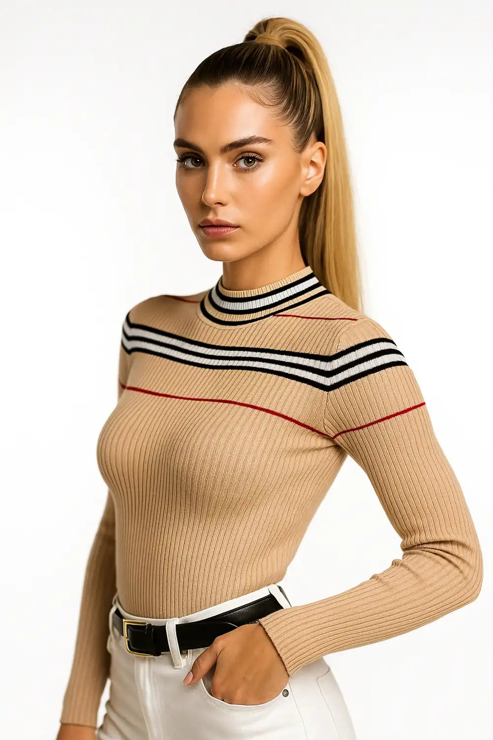 Beige ribbed turtleneck top with black and red stripe detail - chic fitted knit for women