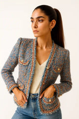 Women's Multicolor Tweed Jacket with Pearl Buttons – Elegant Cropped Blazer
