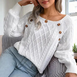 Women’s grey cable-knit sweater with button accents – warm casual pullover